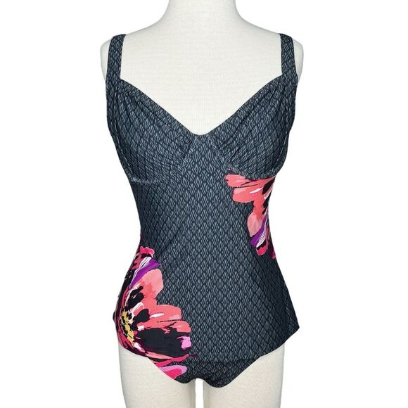 Title Nine Tankini Swimsuit sz 34C top & M bottom * Bodacious Swim Gray Floral - Picture 1 of 11